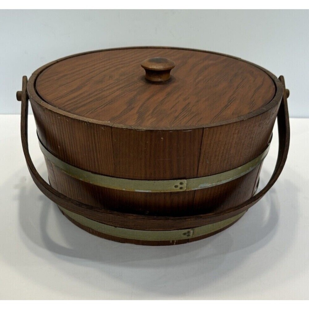 Vintage Shaker Wood Sewing Box  with Swing Handle Storage Brass Banded Lid
